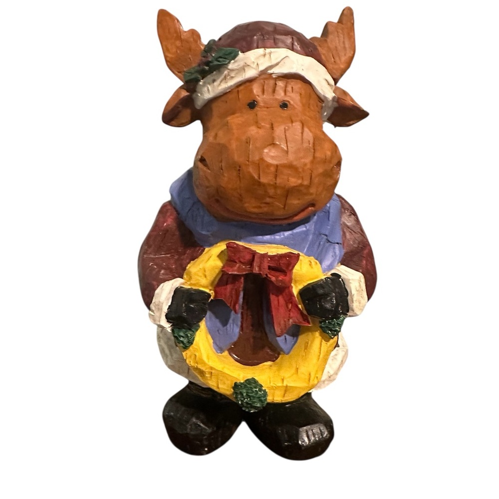 Christmas Moose Holding A Holiday Wreath Figurine Decoration Paperweight Decor‎